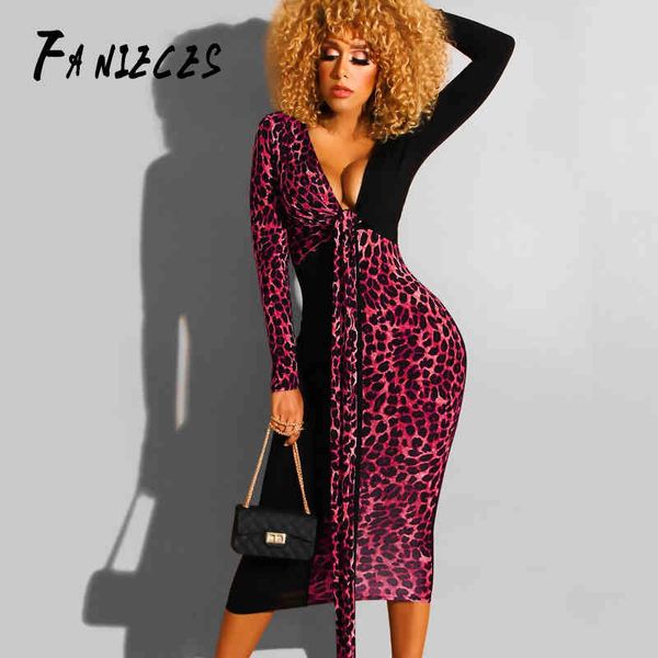 Leopard Imprimir Manga Longa Midi Vestido de Lápis Mulheres Bodycon Elegante Partido Outfit Outono Outono Sexy Club Roupas Casuais Atacado 210520