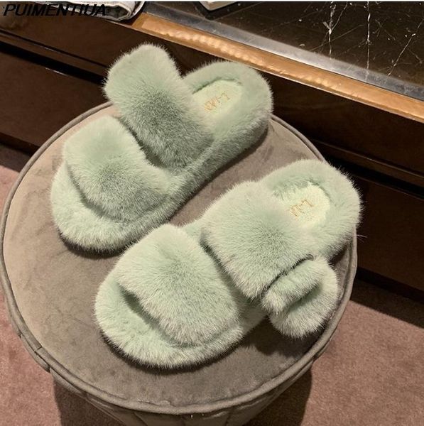 

women fur slides fluffy slippers with strap house winter shoes flat indoor, Black