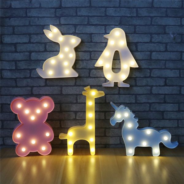 Schöne Tier-LED-Tischlampe, Nachtlicht, Einhorn-Lampen, romantische 3D-Wandleuchten, Festzelt-Schild für Kinder, Kinder, Geschenk, Kaninchen-Bär-Beleuchtung