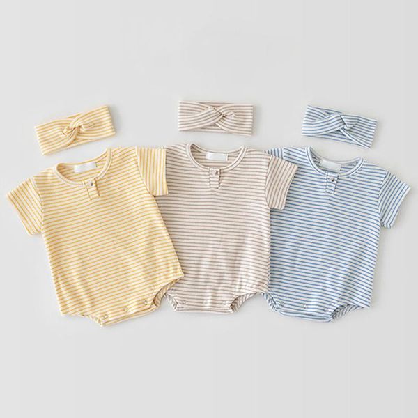 

clothing sets baby girl striped rompers 2021 summer infant cover button jumpsuits with headband children casual 0-3 years, White