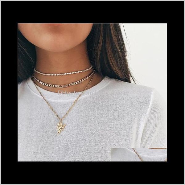 

chokers jewelry19-styles multilayer chains women necklace fashion punk style crystal rose flower choker collar necklaces & pendants aessorie, Golden;silver