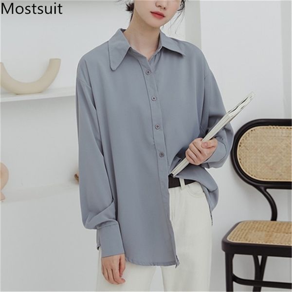 

autumn korean fashion women blouses long sleeve turn-down collar solid basic office workwear female shirts blusas 210513, White