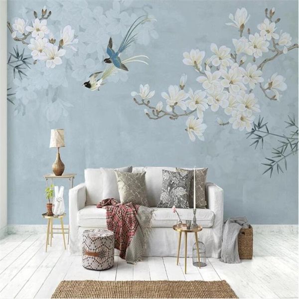 

custom self adhesive wallpaper 3d chinese magnolia bird illustration sofa background wall living room bedroom mural waterproof wallpapers