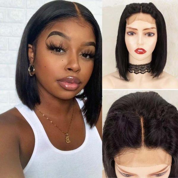 

lace wigs 4x4 closure human hair blunt cut short front pre pluck brazilian straight wig, Black;brown