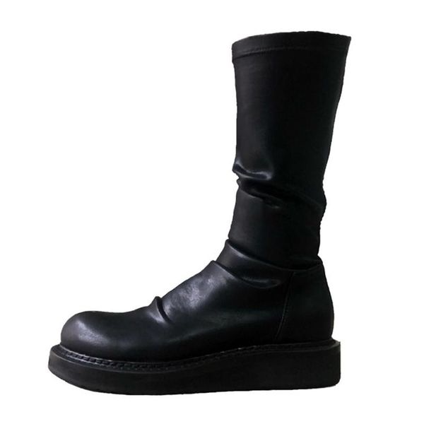 

boots autumn winter thin elastic mid-tube thick-soled ruffled pleated decoration women's platform mid-calf, Black