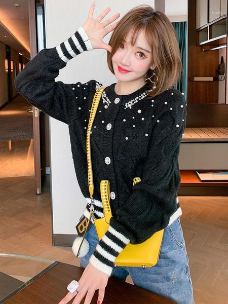 

women's knits & tees nail bead large square collar single row button contrast color thread knitted cardigan wear spring high quality, White