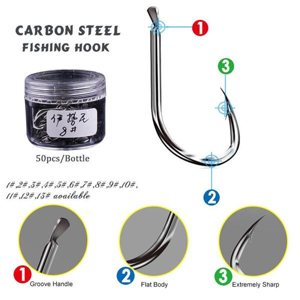 

50pcs/bottle barbed fishing hooks carbon steel grasscarp&bighead preferred 1# 2# 3# 4# 5# 6# 7# 8# 9# 10# 11# 12# 13# fishhooks accessories