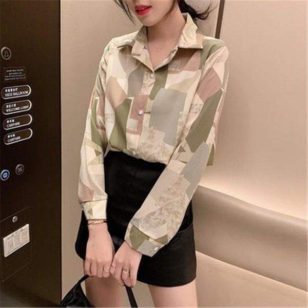 

women's blouses & shirts 2021 arrivals geometric print summer shirt for ladies turn-down collar full sleeve female fashion chic, White