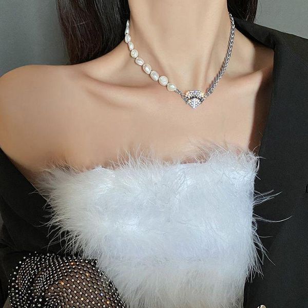 

chokers minar korea natural freshwater pearl necklaces for women chunky link chain full rhinestone love heart pendant necklace, Golden;silver