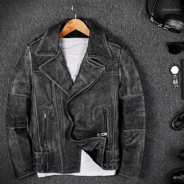 

men's leather & faux mens retro vintage gray cowskin genuine jackets short slim thick warm motorcycle male clothing turn down collar, Black