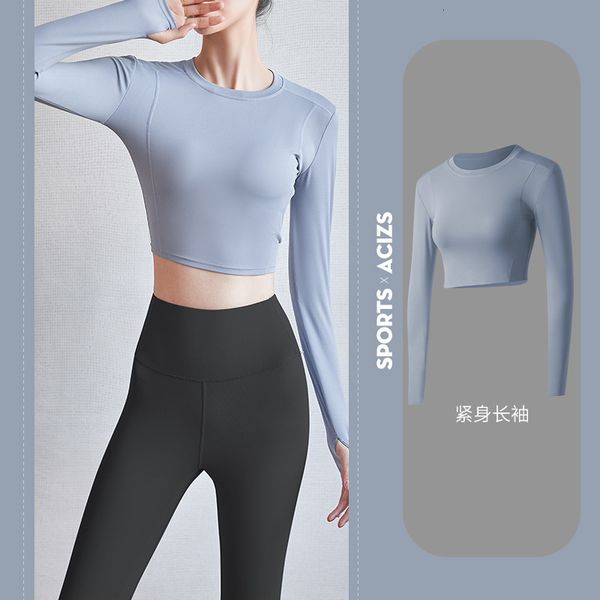 

yoga summer spring suit and women's fitness long sleeve t-shirt slim sports quick drying top, Gray