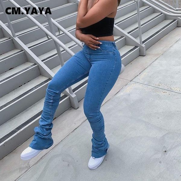 

cm.yaya women stacked denim pants retro jeans ripped ruched flare trousers street skinny high waist lady jean women's, Blue