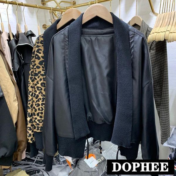 

women's jackets european fashion knitted stitching leather jacket 2021 autumn leopard print cardigan short motorcycle coats, Black;brown
