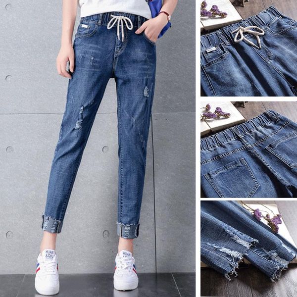 

slim denim jeans elastic waist pants high women women's, Blue