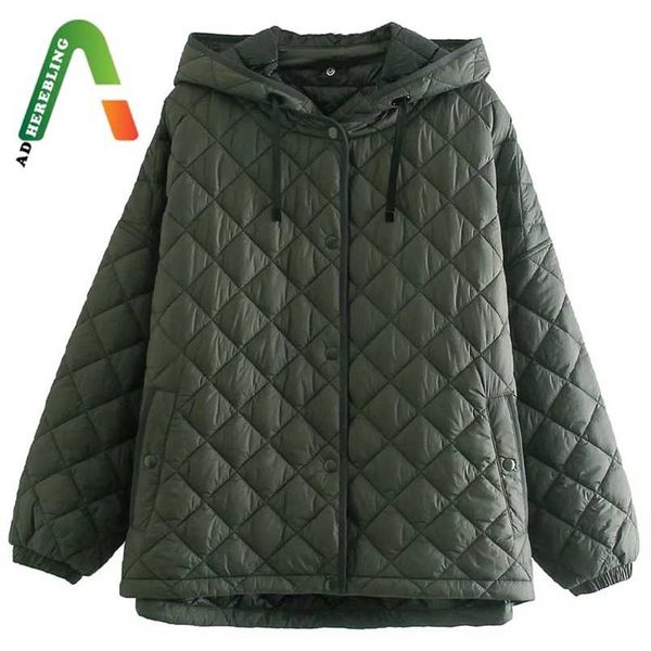 

adherebling za women traf jackets winter thin style argyle padded armygreen parkas fashion hoodies loose coat streetwear 211130, Black