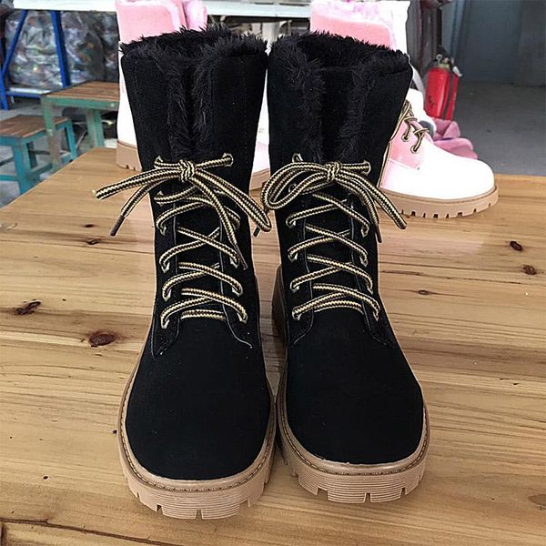

boots women fur warm snow 2021 winter woman lace up ankle women's fashion low heels ladies shoes female footwear plus size, Black
