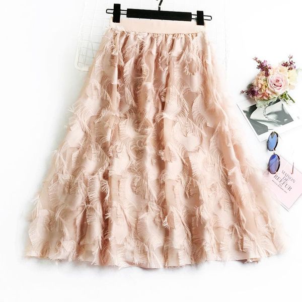 

skirts 2021 summer arrival korean style chiffon skirt fringed feather high waist a-line saias longas casuais, Black