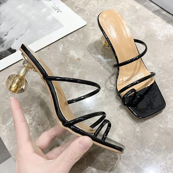 

rome clip toe slippers women flip flops clear strange med-high heels shoes woman sandalias narrow band slides plus size 35-42, Black