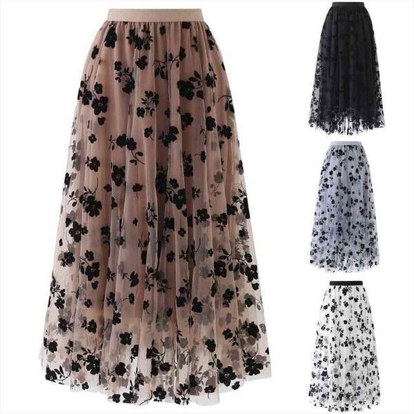 

spring summer elastic high waist womens skirts long mesh pleated, Black