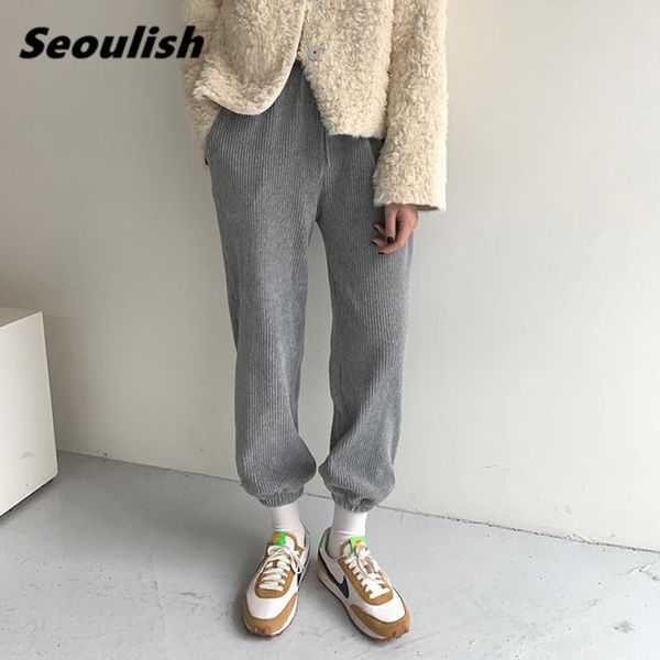 

autumn winter solid corduroy women's harem pants fashionable 2021 high waist streetwear loose cargo trousers & capris, Black;white