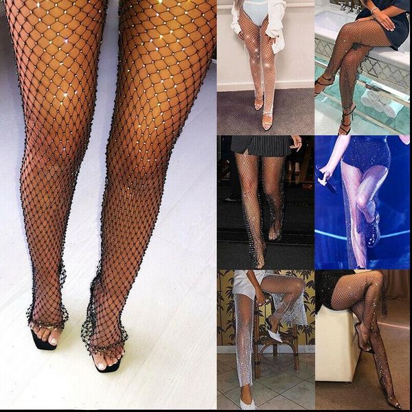 

crystal diamond women legging shiny leggings pants elastic fishnet long trouser see through hollow out high waist clubwear, Black