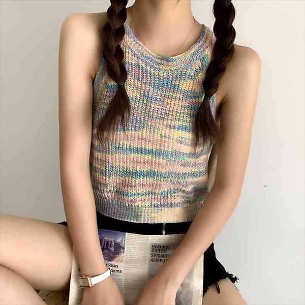 

women crop knitted rainbow women colorful o-neck sleeveless tank candy for summer, White