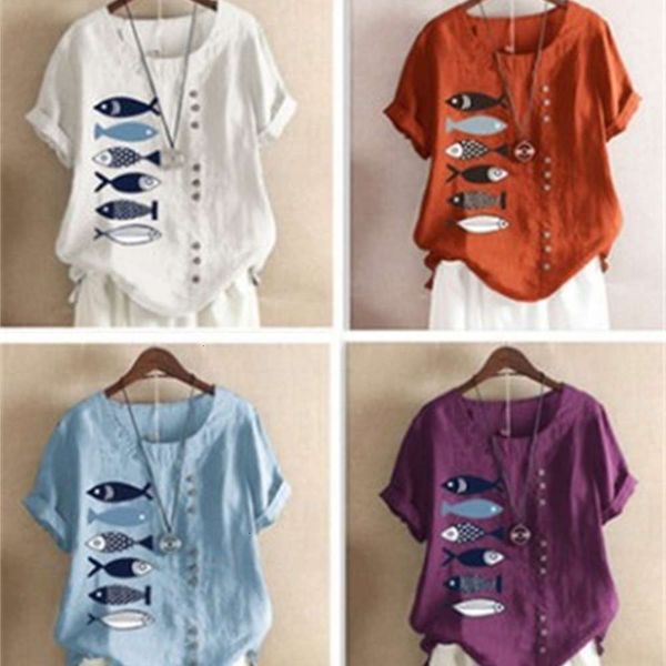 

women's t-shirt casual cartoon fish button printed short sleeve lov 1px9, White