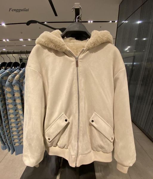 

women's fur & faux winter 2021 beautiful elegant loose hooded plush coat on both sides, Black