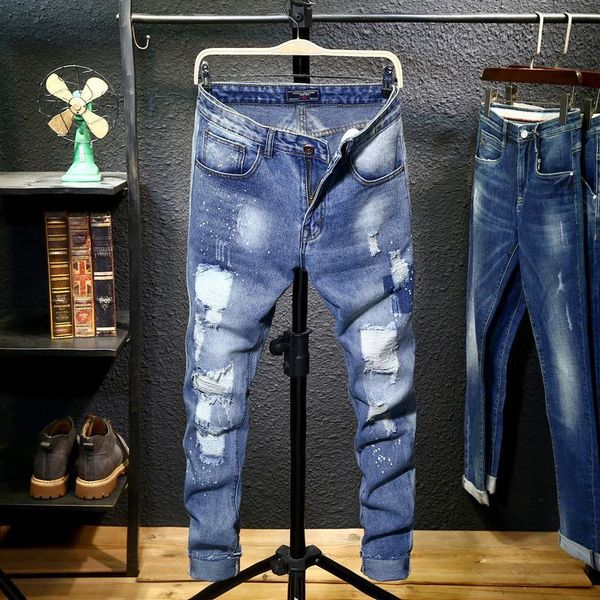 

men's fashion trend jeans ripped biker mens streetwear stretch denim pants, Blue