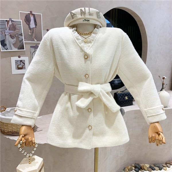 

women's wool & blends clothing 2021 autumn winter vintage versatile long sleeve lace up warmwoolen coat, Black