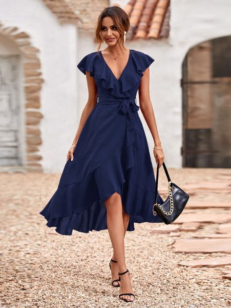 

solid ruffle trim belted wrap dress f6sf#, Black;gray