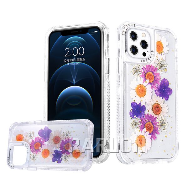 Neues Design 3 IN 1 schöne stoßfeste echte getrocknete Blumenhüllen PC TPU ästhetische Handyhülle für iPhone 13 13Pro 12 11 Pro XS Max X XR 6 7 8 Plus SE