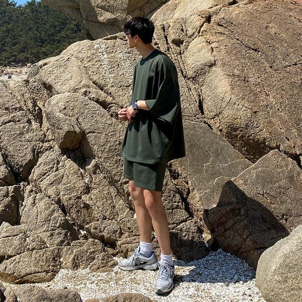 

men's tracksuits summer short-sleeved t-shirt round neck and five-minute sleeves korean trend loose solid color sports shorts suit, Gray