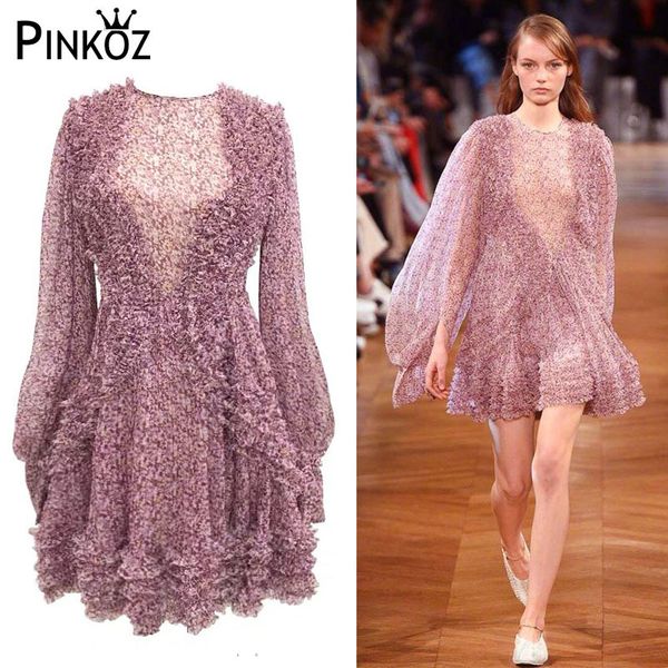 

autumn fashion famous star show o-neck bohemian floral dress silk beach ruffle printed mini elegant party 210421, White