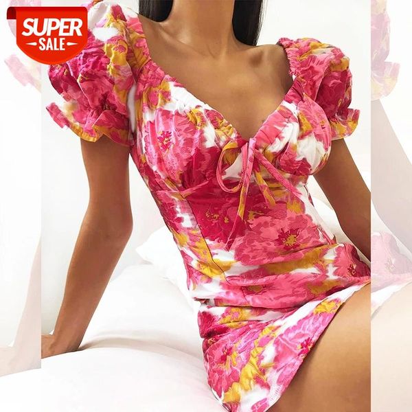 

summer puff sleeve deep v-deck sheath dress bodycon low-cut wrap mini dresses beach maxi floral print vintage sundress #sw2k, White;black