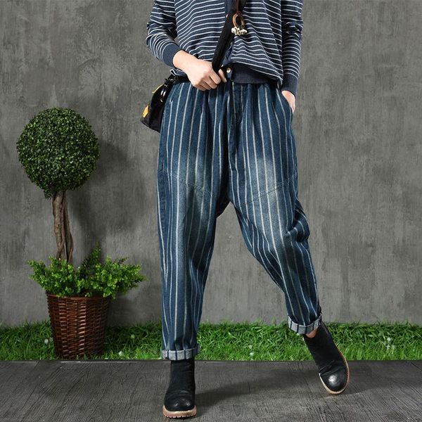 

women's jeans spring autumn arts style women elastic waist denim harem pants vintage loose stripe all-matched casual d465, Blue