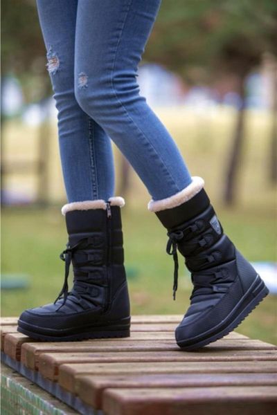 

boots women winter snow microfiber non-slip sole warm black fur lady