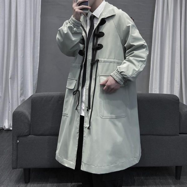 

men's trench coats 2021 autumn winter loose horn button long coat men casual windbreaker jacket, Tan;black