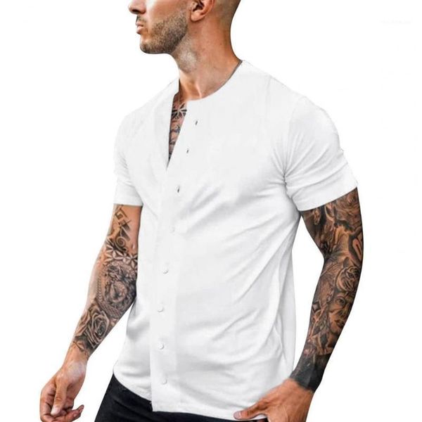 

men shirt solid color single-breasted summer round neck short sleeve t-shirt for sports men's t-shirts, White;black