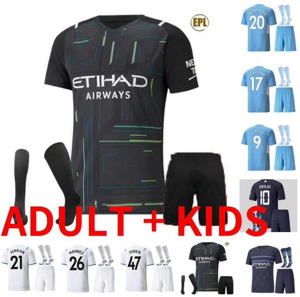 

men kids kit 2021 grealish foden ferran soccer jerseys 21 22 bernardo g. jesus sterling de bruyne mahrez rúben mendy 3rd football shirts, Black;yellow
