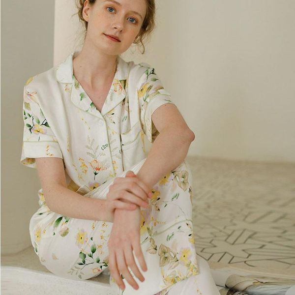 

women sleepwear floral printed two pcs set pajamas for summer cool short sleeved long trousers pijama mujer verano shirt sleeve, Black;red