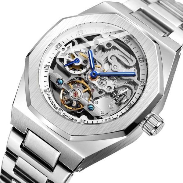 

wristwatches forsining fashion silver mens watches automatic mechanical stainless steel business skeleton wristwatch, Slivery;brown