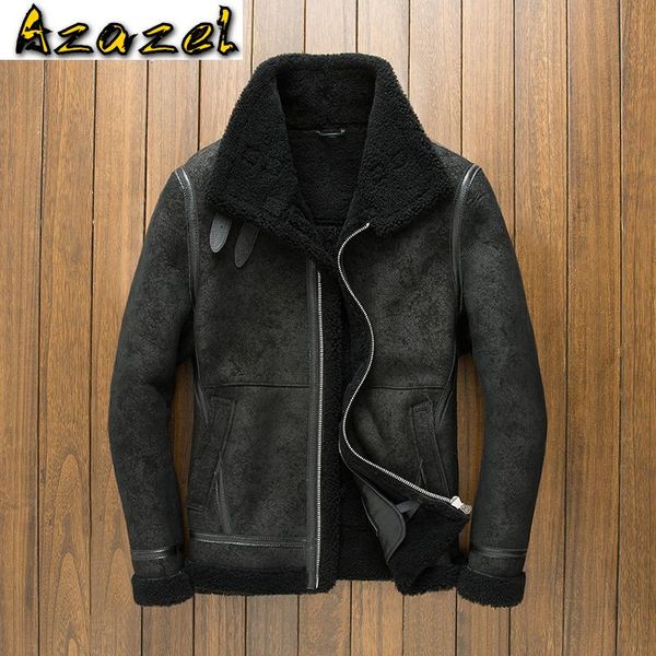 

men's leather & faux winter jacket men genuine sheep shearling fur coat mens motorcycle jackets clothing veste lxr386, Black