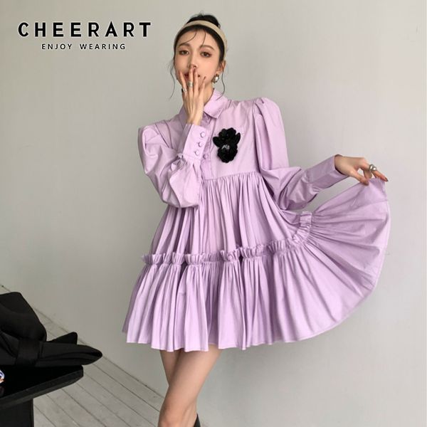 Roxo Spruff Manga Ruffle Camisa Vestido Mulheres Collared Mini Uma Linha Remendo Bonito Longa Coreia Moda Primavera 210427