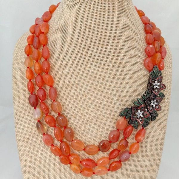 

chokers 19"-22'' 3 strands orange carnelian nugget necklace cz pave pendant, Golden;silver