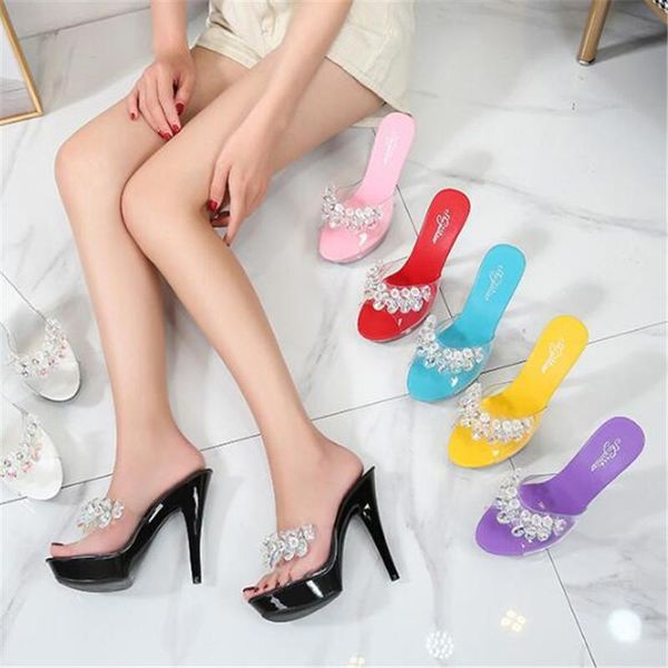 

slippers big size 34-43 women outside summer 2021 clear crystal 15cm super high heels sandals platform peep toe, Black