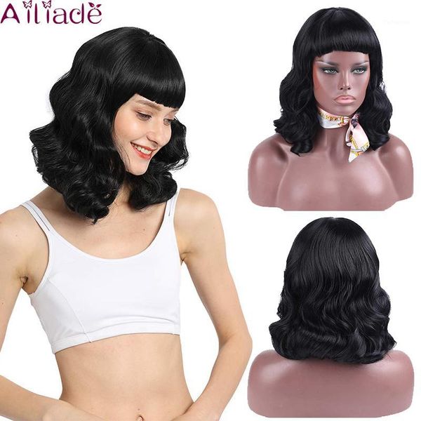 

woman african american with medium long wavy hair black women wig and neat bangs heat resistant synthetic caoplay wig1