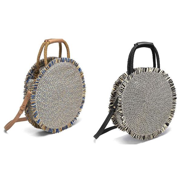 

evening bags 2x round straw bag bohemian women's shoulder fashion hand-woven rattan tote beach bag,blue & black