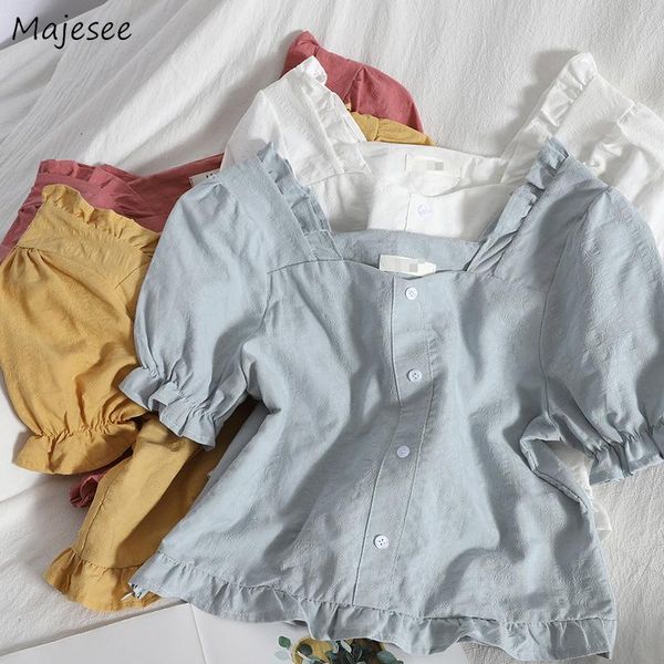 

women's blouses & shirts blouse women square collar puff sleeve sweet simple college short solid color ulzzang lovely summer edible tre, White