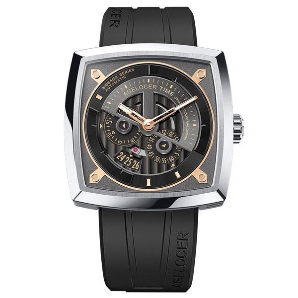 

wristwatches agelocer mens sport watches automatic skeleton watch steel waterproof mechanical rubber reloj hombre 5603j3, Slivery;brown
